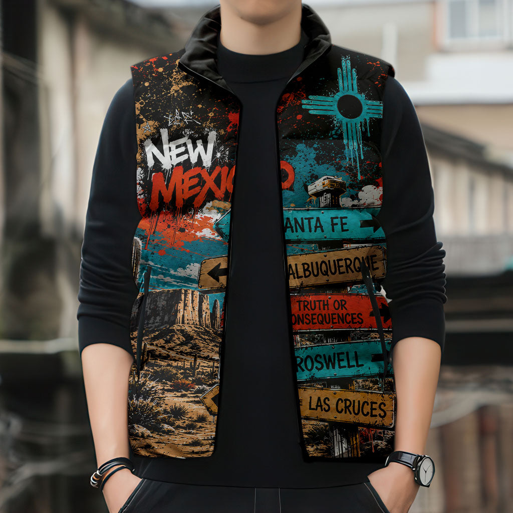 New Mexico Desert Road Sign Sleeveless Puffer Jacket Zia Symbol Grunge Paint Splatter Travel Graphic