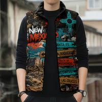 New Mexico Desert Road Sign Sleeveless Puffer Jacket Zia Symbol Grunge Paint Splatter Travel Graphic