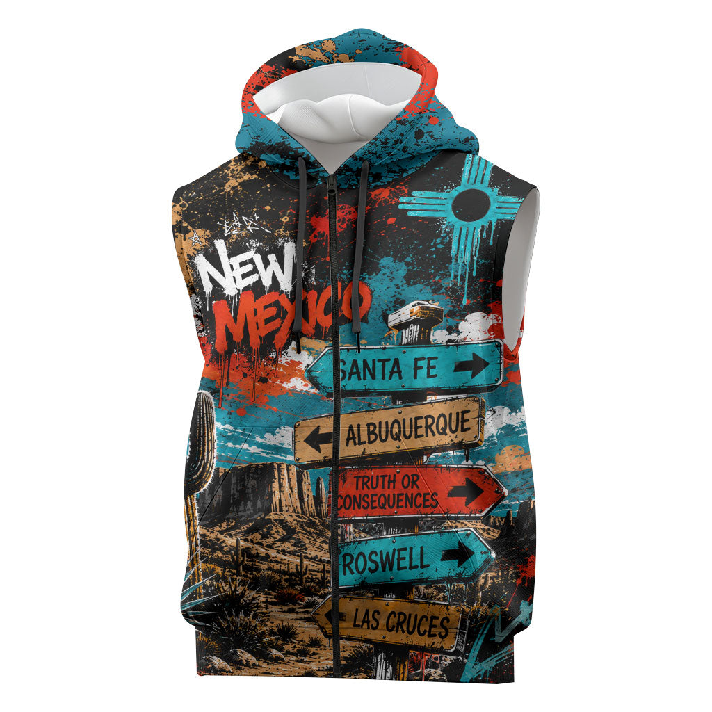 New Mexico Desert Road Sign Sleeveless Zip Hoodie Zia Symbol Grunge Paint Splatter Travel Graphic