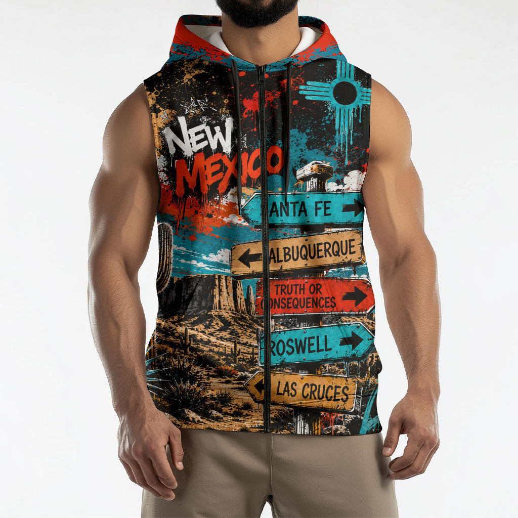 New Mexico Desert Road Sign Sleeveless Zip Hoodie Zia Symbol Grunge Paint Splatter Travel Graphic