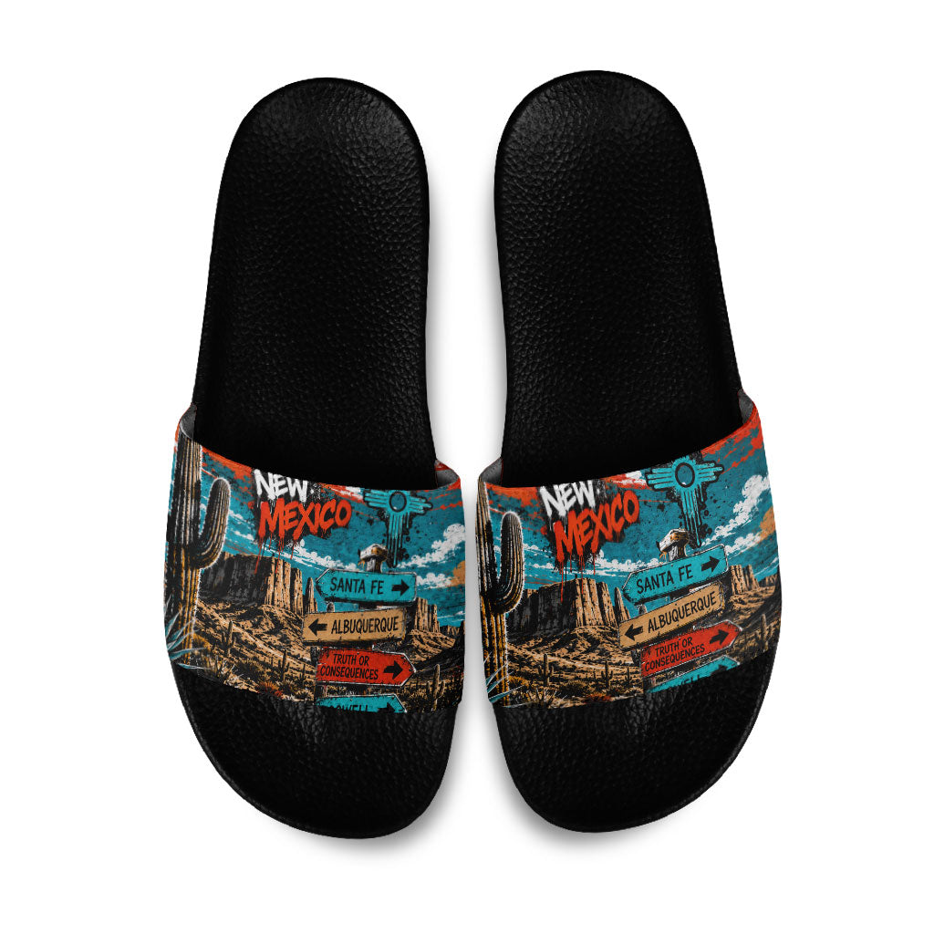 New Mexico Desert Road Sign Slide Sandals Zia Symbol Grunge Paint Splatter Travel Graphic