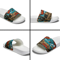 New Mexico Desert Road Sign Slide Sandals Zia Symbol Grunge Paint Splatter Travel Graphic