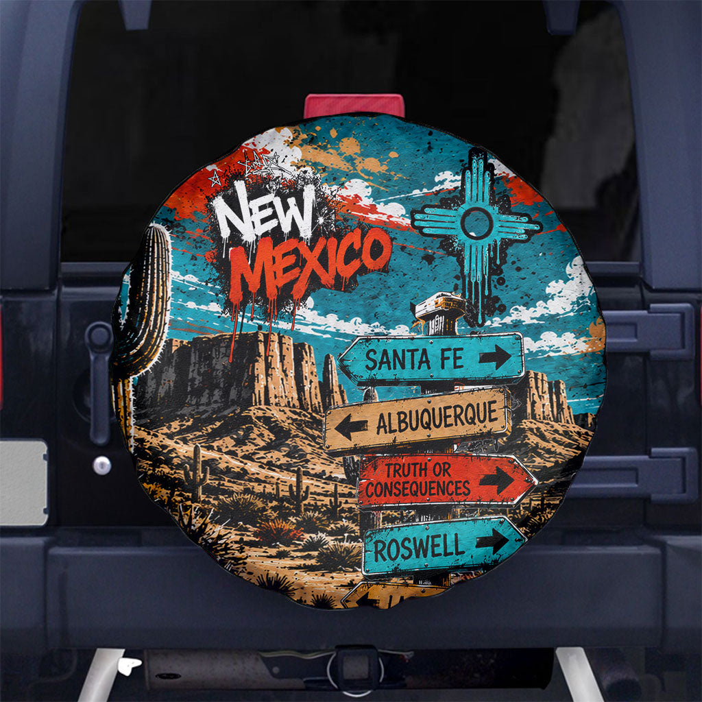 New Mexico Desert Road Sign Spare Tire Cover Zia Symbol Grunge Paint Splatter Travel Graphic