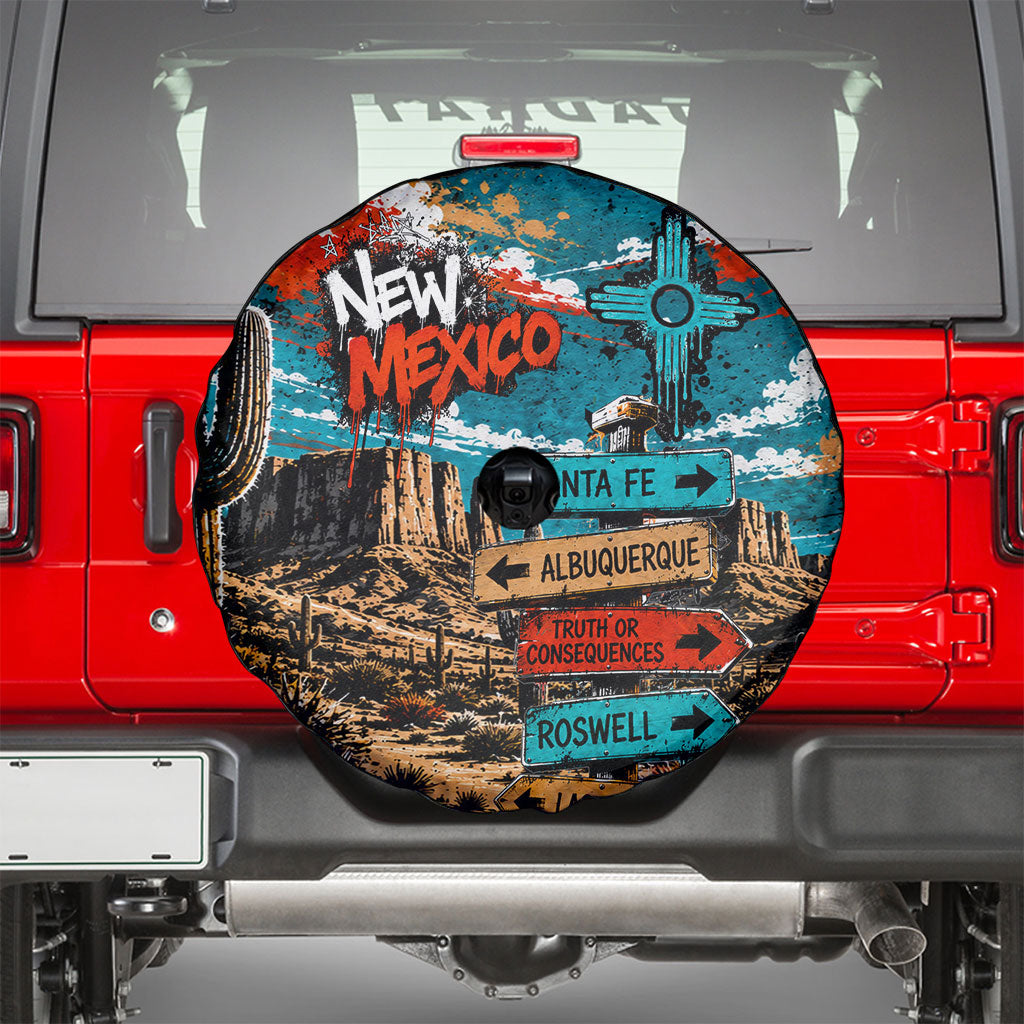 New Mexico Desert Road Sign Spare Tire Cover Zia Symbol Grunge Paint Splatter Travel Graphic