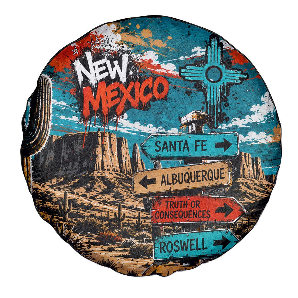 New Mexico Desert Road Sign Spare Tire Cover Zia Symbol Grunge Paint Splatter Travel Graphic