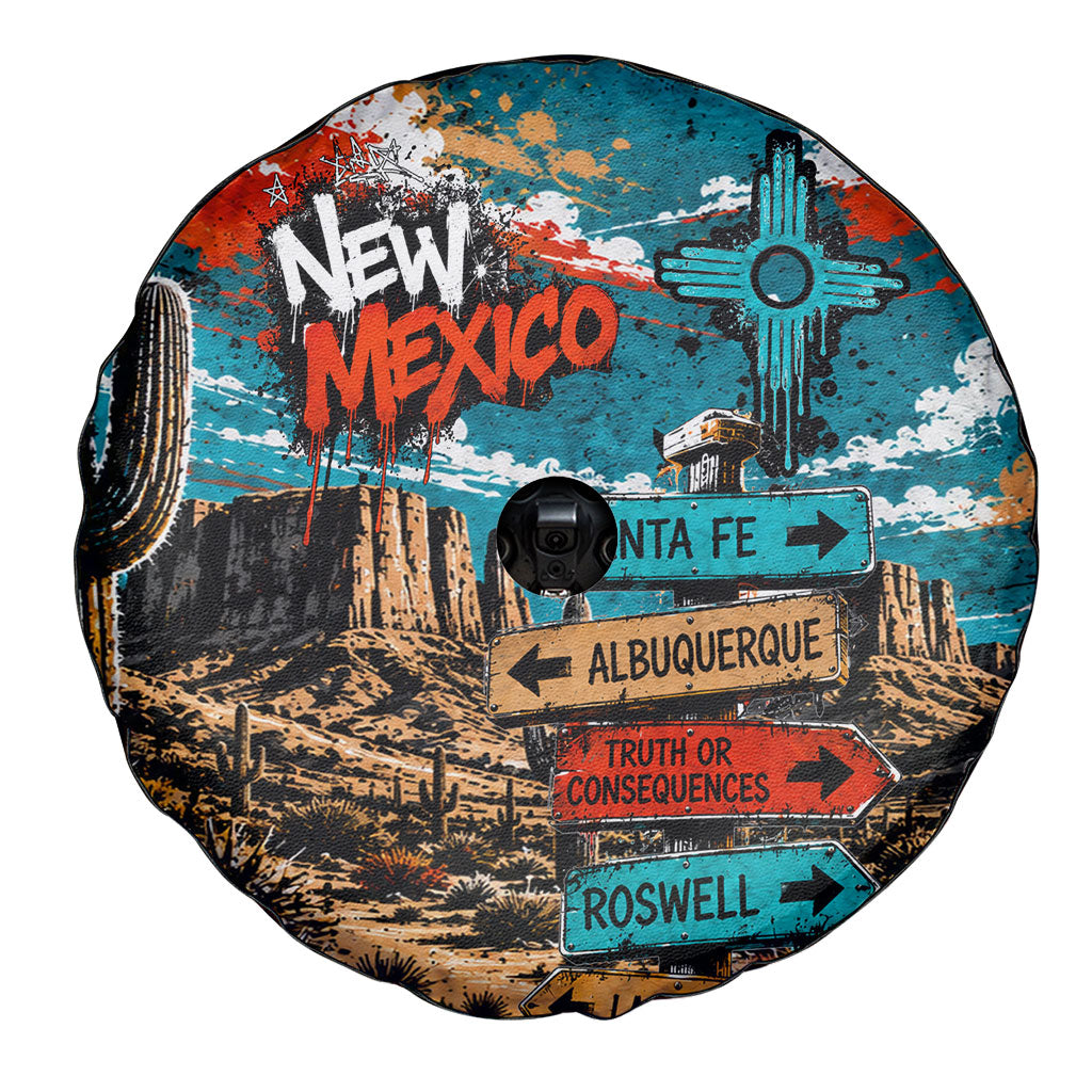 New Mexico Desert Road Sign Spare Tire Cover Zia Symbol Grunge Paint Splatter Travel Graphic