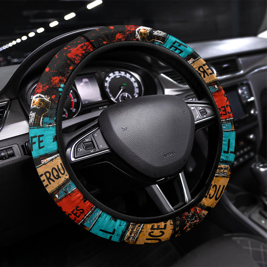 New Mexico Desert Road Sign Steering Wheel Cover Zia Symbol Grunge Paint Splatter Travel Graphic