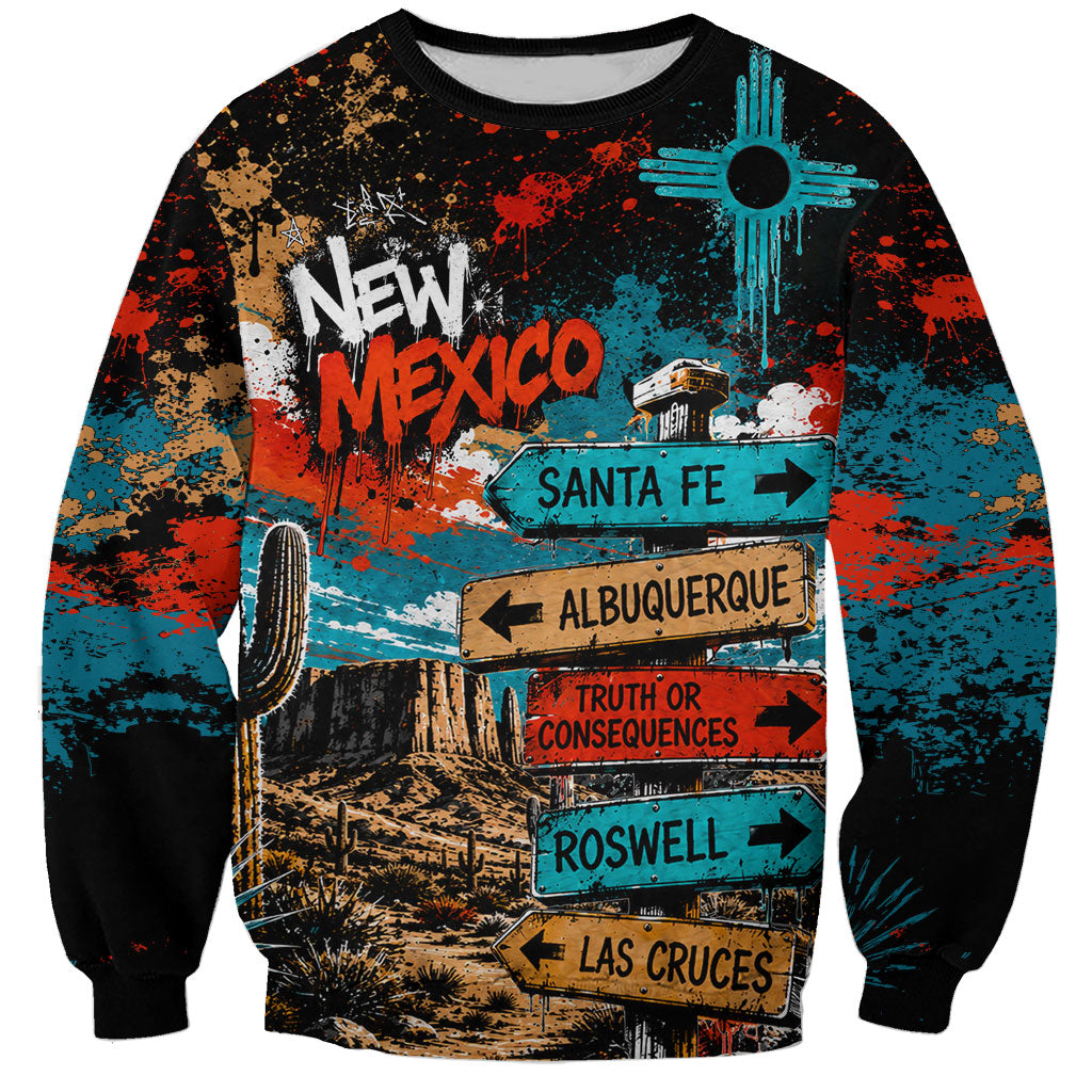 New Mexico Desert Road Sign Sweatshirt Zia Symbol Grunge Paint Splatter Travel Graphic