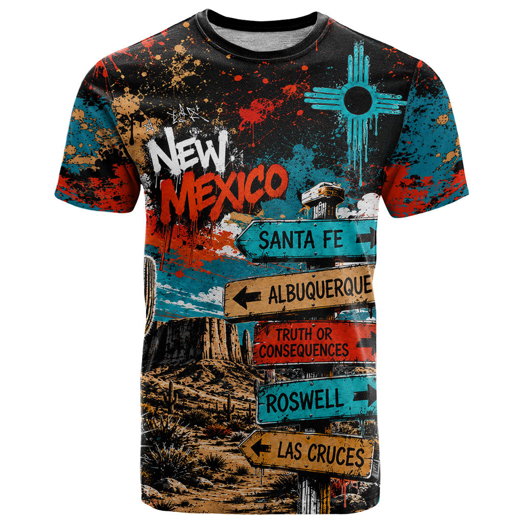 New Mexico Desert Road Sign T Shirt Zia Symbol Grunge Paint Splatter Travel Graphic