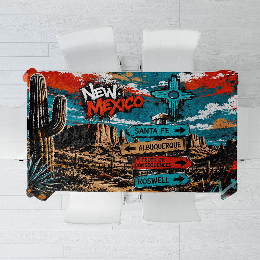 New Mexico Desert Road Sign Tablecloth Zia Symbol Grunge Paint Splatter Travel Graphic