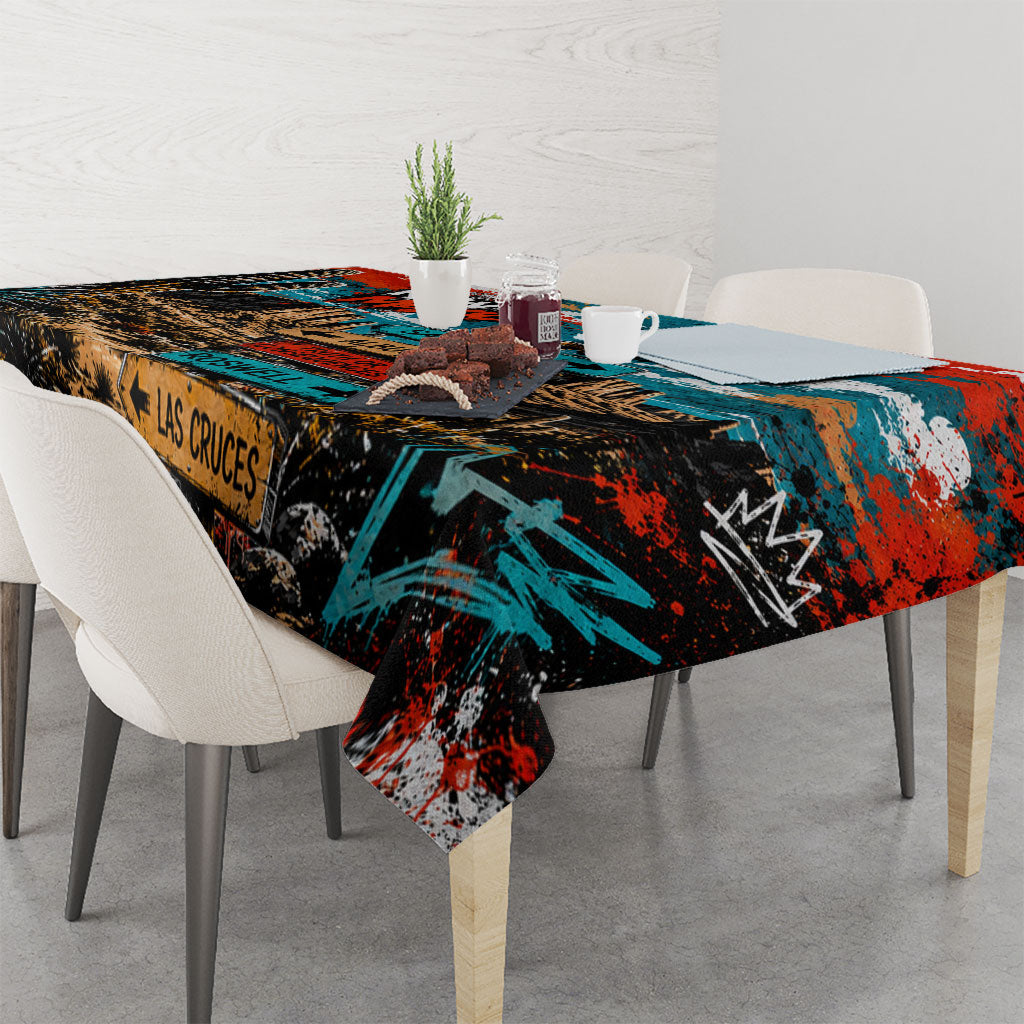 New Mexico Desert Road Sign Tablecloth Zia Symbol Grunge Paint Splatter Travel Graphic