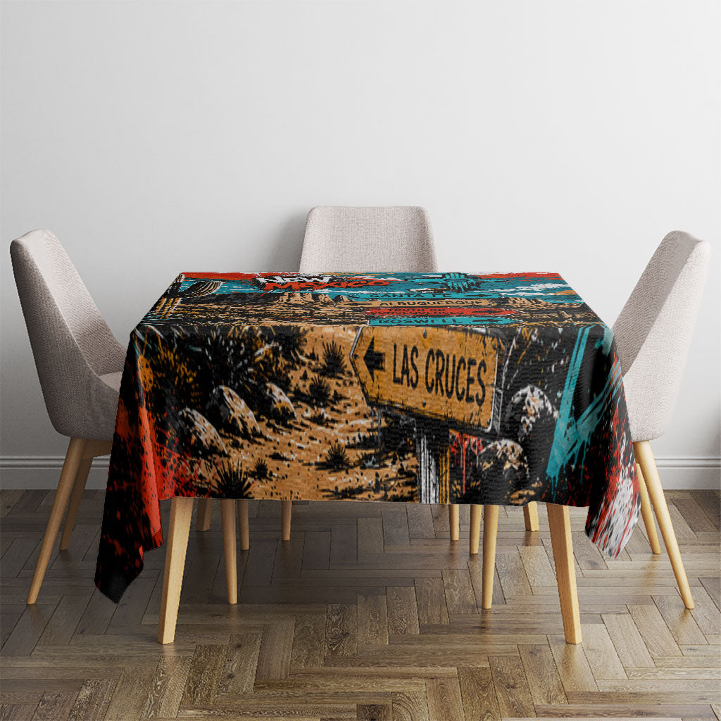 New Mexico Desert Road Sign Tablecloth Zia Symbol Grunge Paint Splatter Travel Graphic