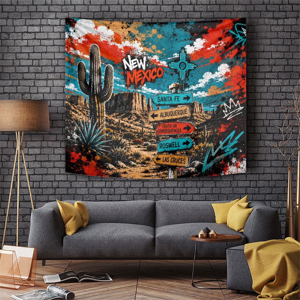 New Mexico Desert Road Sign Tapestry Zia Symbol Grunge Paint Splatter Travel Graphic