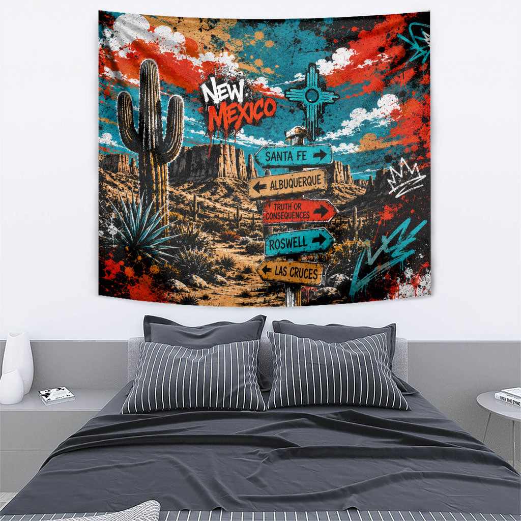 New Mexico Desert Road Sign Tapestry Zia Symbol Grunge Paint Splatter Travel Graphic