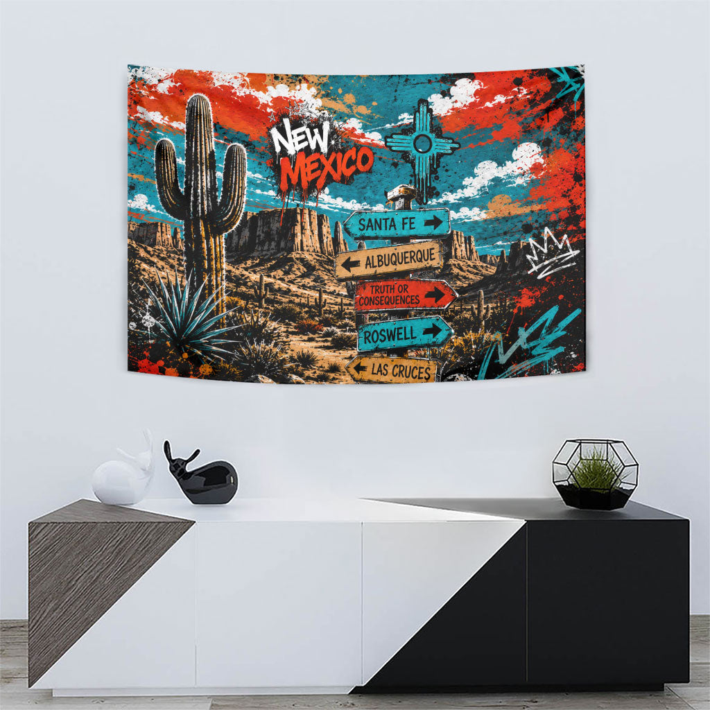New Mexico Desert Road Sign Tapestry Zia Symbol Grunge Paint Splatter Travel Graphic