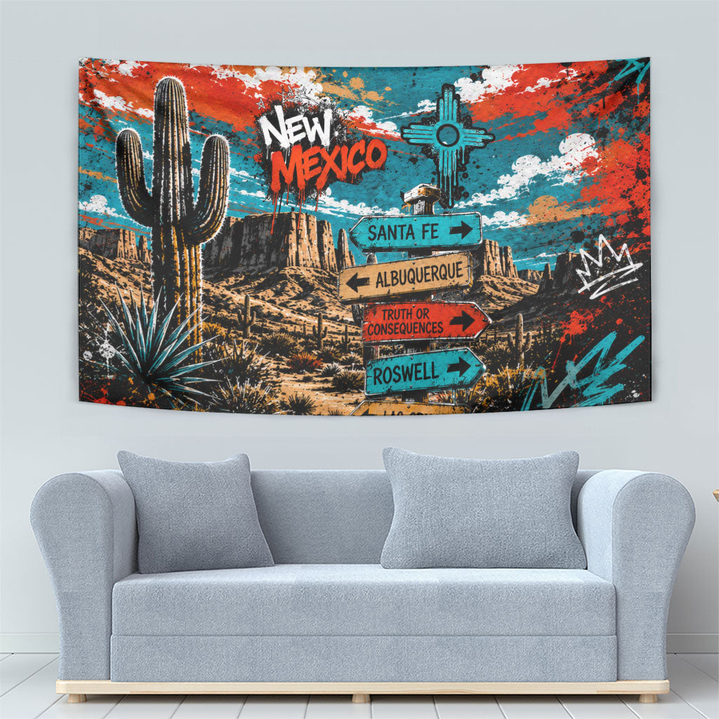 New Mexico Desert Road Sign Tapestry Zia Symbol Grunge Paint Splatter Travel Graphic