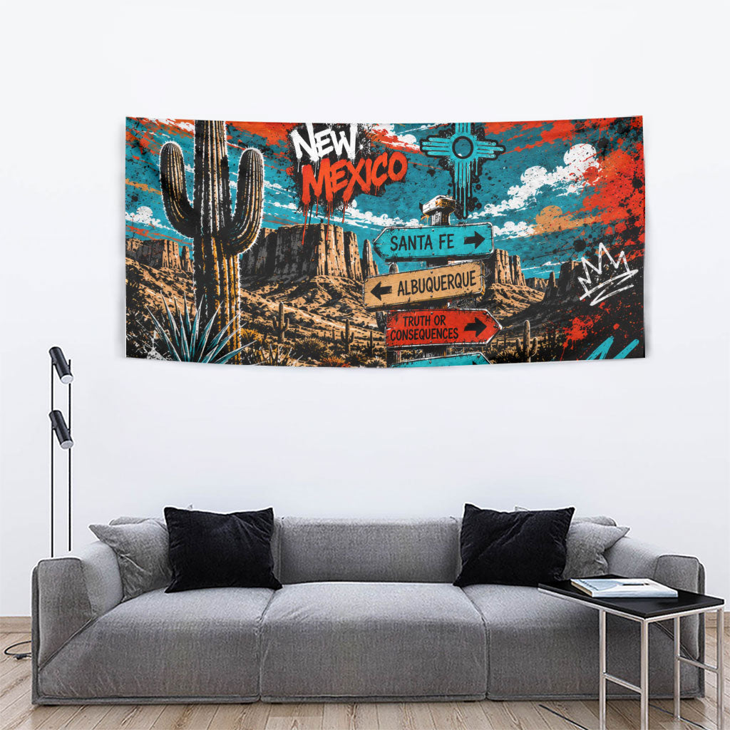 New Mexico Desert Road Sign Tapestry Zia Symbol Grunge Paint Splatter Travel Graphic
