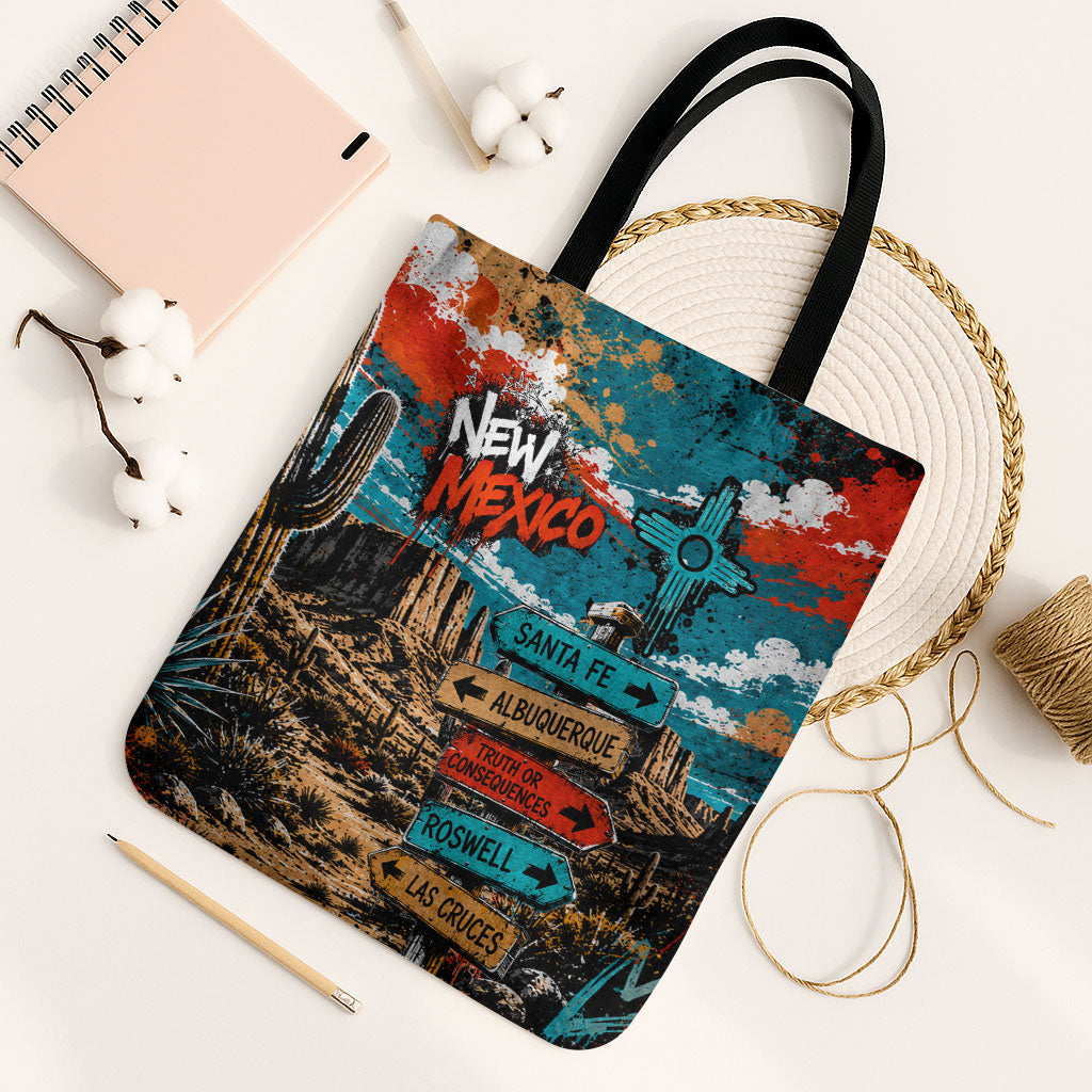 New Mexico Desert Road Sign Tote Bag Zia Symbol Grunge Paint Splatter Travel Graphic