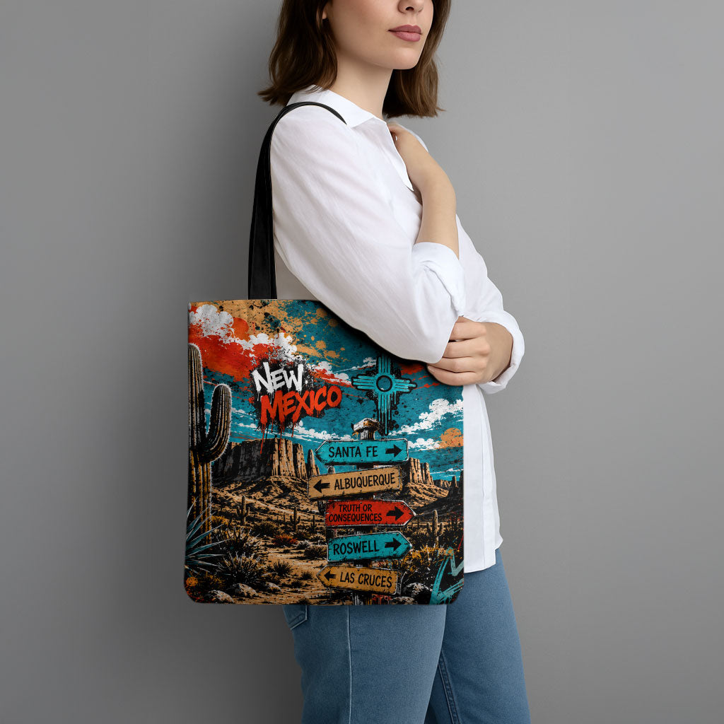 New Mexico Desert Road Sign Tote Bag Zia Symbol Grunge Paint Splatter Travel Graphic