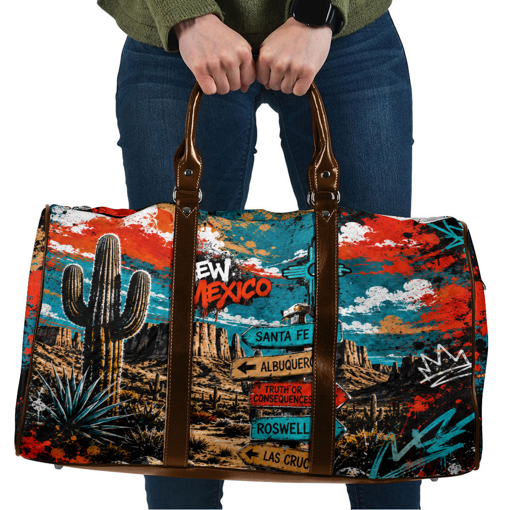 New Mexico Desert Road Sign Travel Bag Zia Symbol Grunge Paint Splatter Travel Graphic