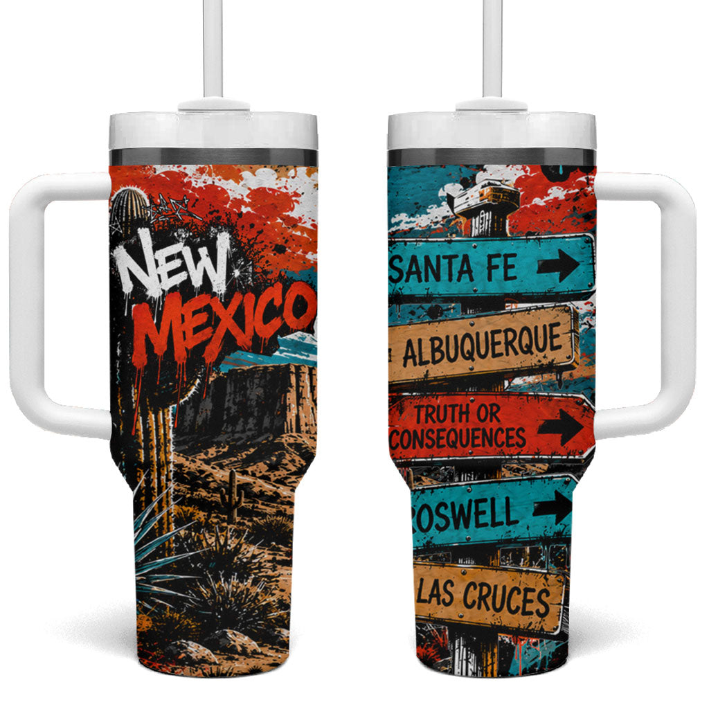 New Mexico Desert Road Sign Tumbler With Handle Zia Symbol Grunge Paint Splatter Travel Graphic
