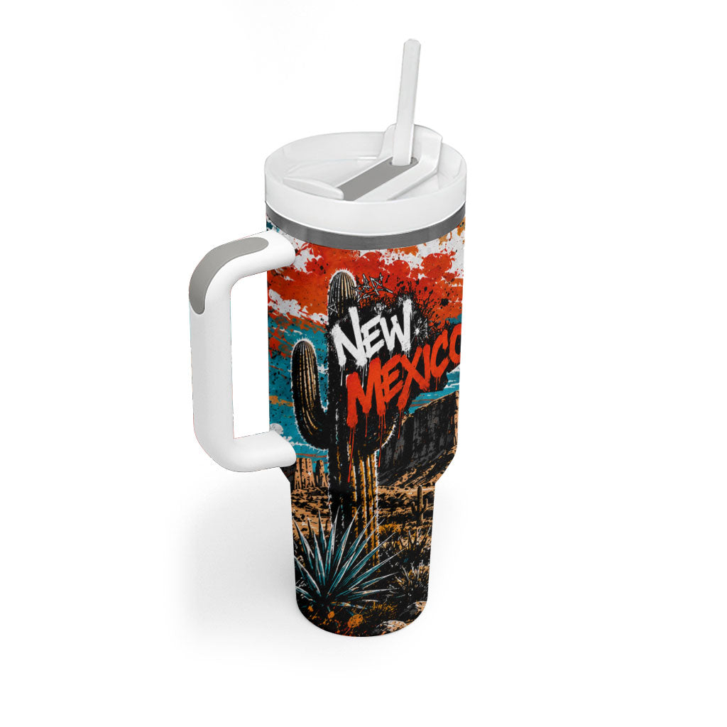 New Mexico Desert Road Sign Tumbler With Handle Zia Symbol Grunge Paint Splatter Travel Graphic
