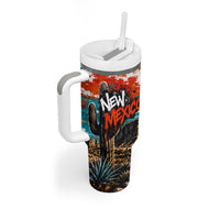 New Mexico Desert Road Sign Tumbler With Handle Zia Symbol Grunge Paint Splatter Travel Graphic
