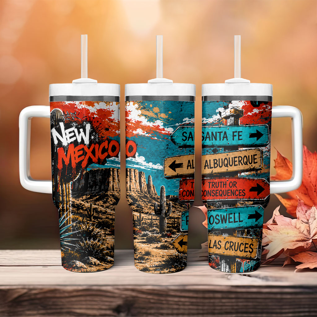 New Mexico Desert Road Sign Tumbler With Handle Zia Symbol Grunge Paint Splatter Travel Graphic