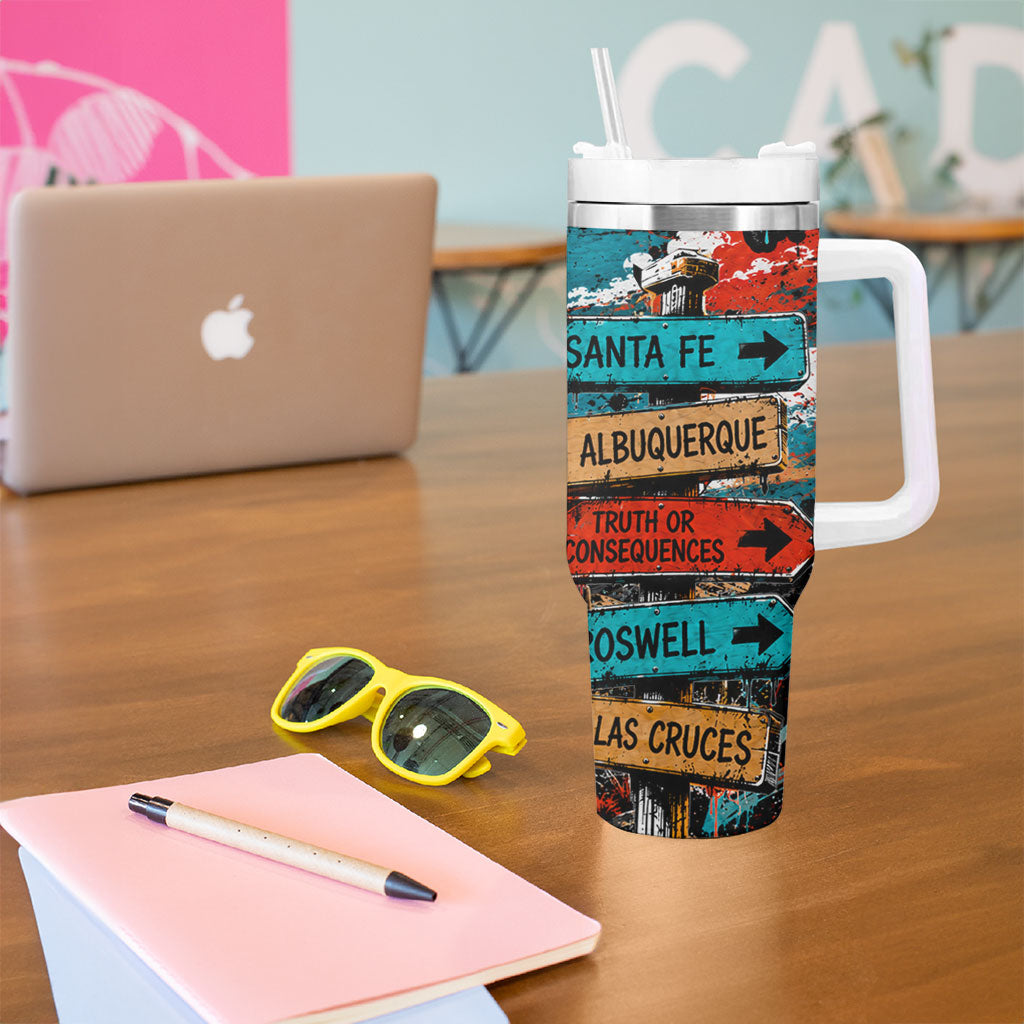 New Mexico Desert Road Sign Tumbler With Handle Zia Symbol Grunge Paint Splatter Travel Graphic