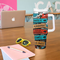 New Mexico Desert Road Sign Tumbler With Handle Zia Symbol Grunge Paint Splatter Travel Graphic