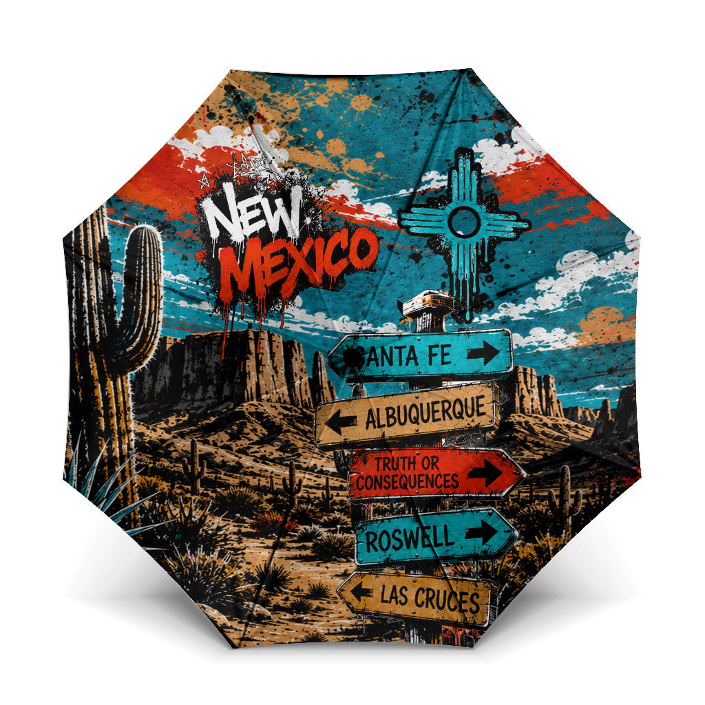 New Mexico Desert Road Sign Umbrella Zia Symbol Grunge Paint Splatter Travel Graphic