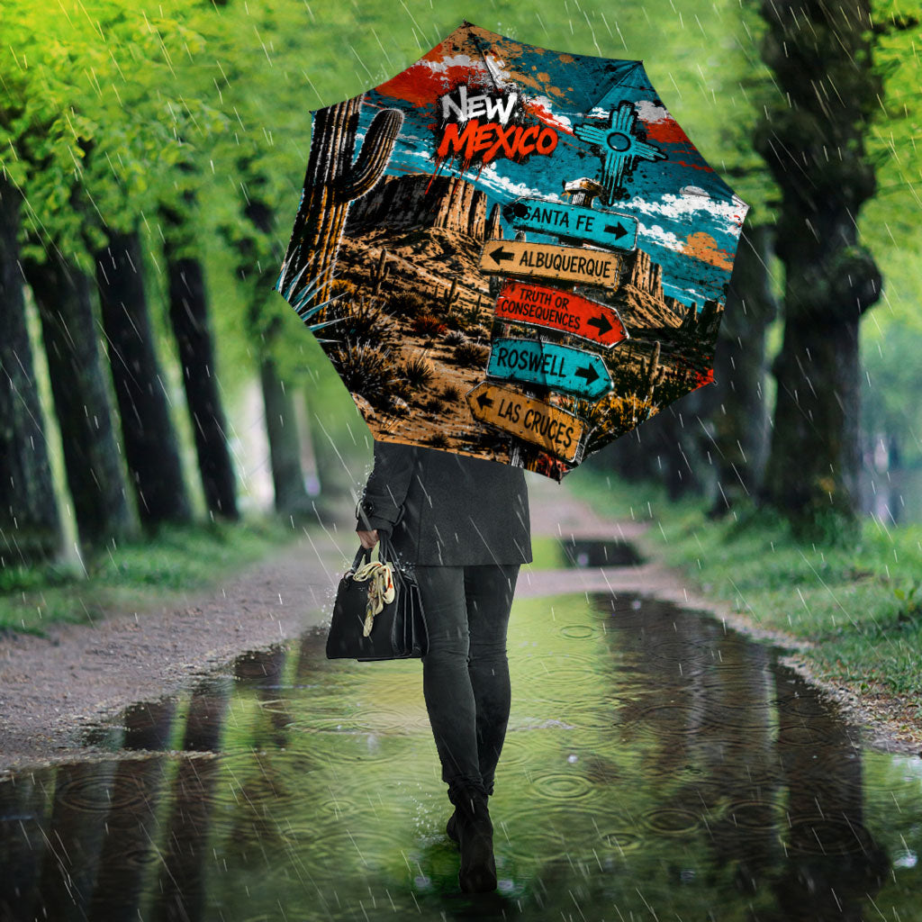 New Mexico Desert Road Sign Umbrella Zia Symbol Grunge Paint Splatter Travel Graphic