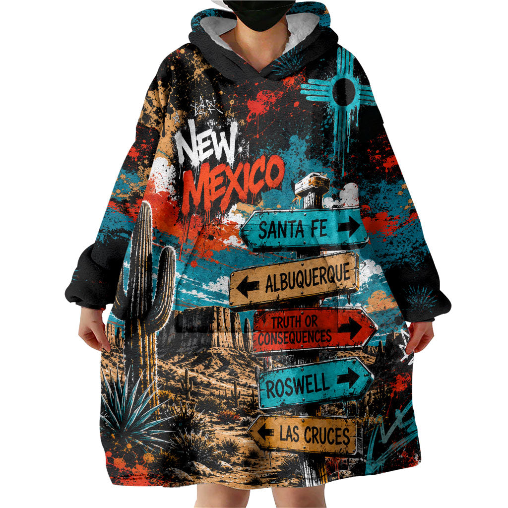 New Mexico Desert Road Sign Wearable Blanket Hoodie Zia Symbol Grunge Paint Splatter Travel Graphic