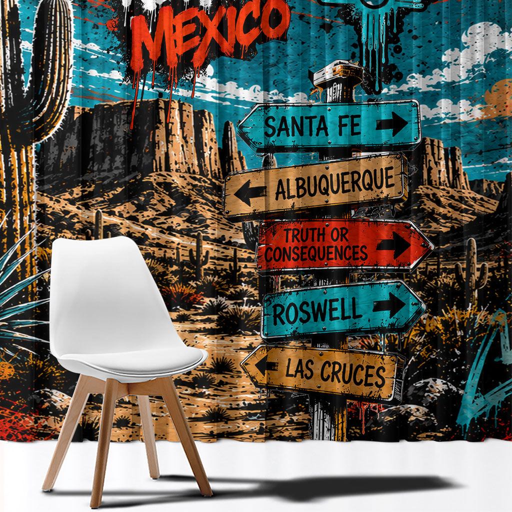 New Mexico Desert Road Sign Window Curtain Zia Symbol Grunge Paint Splatter Travel Graphic