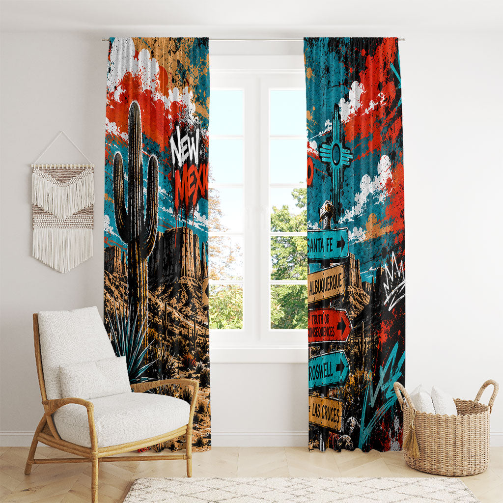 New Mexico Desert Road Sign Window Curtain Zia Symbol Grunge Paint Splatter Travel Graphic