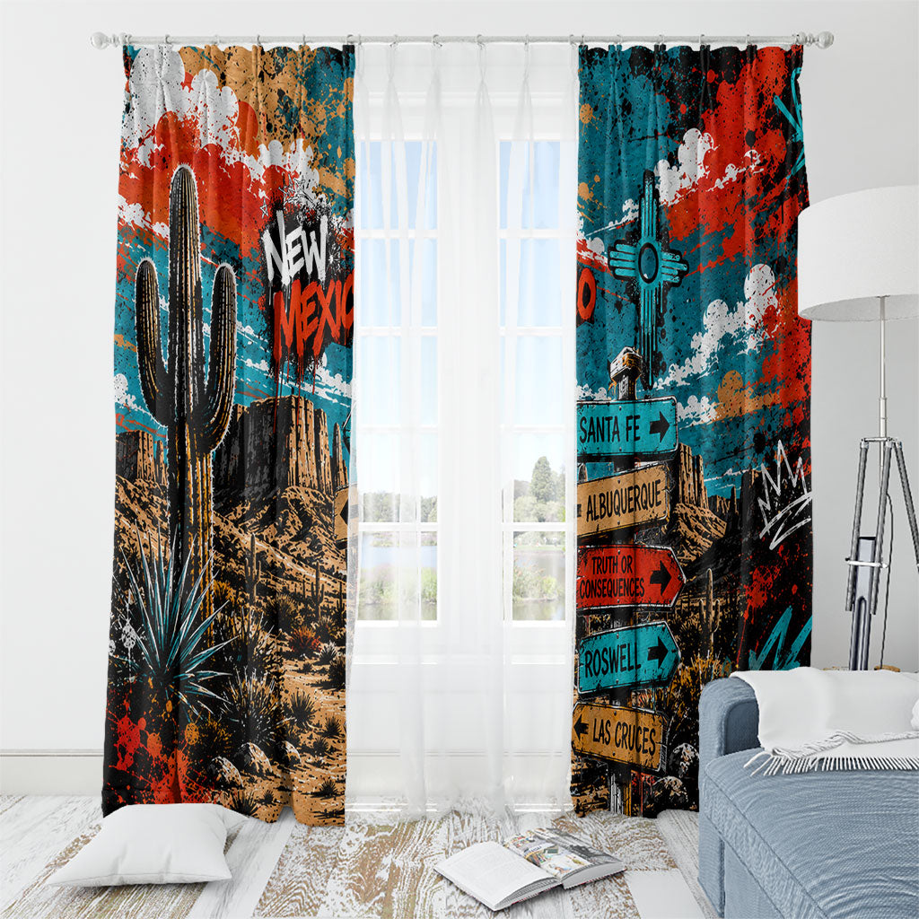 New Mexico Desert Road Sign Window Curtain Zia Symbol Grunge Paint Splatter Travel Graphic