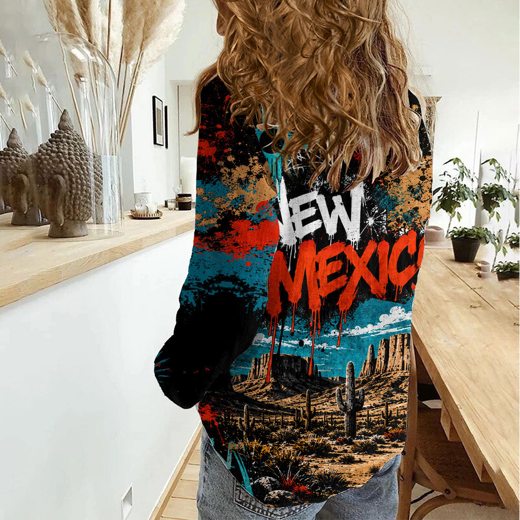 New Mexico Desert Road Sign Women Casual Shirt Zia Symbol Grunge Paint Splatter Travel Graphic