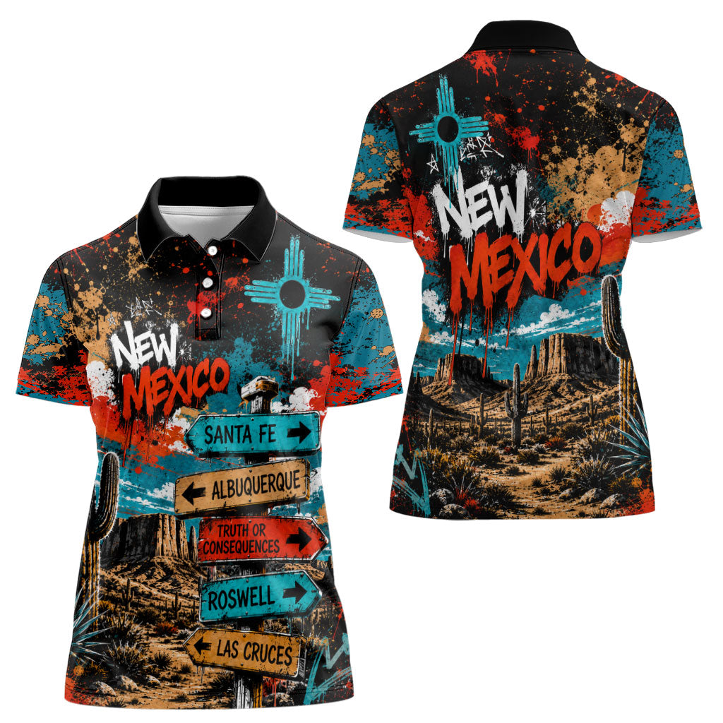 New Mexico Desert Road Sign Women Polo Shirt Zia Symbol Grunge Paint Splatter Travel Graphic