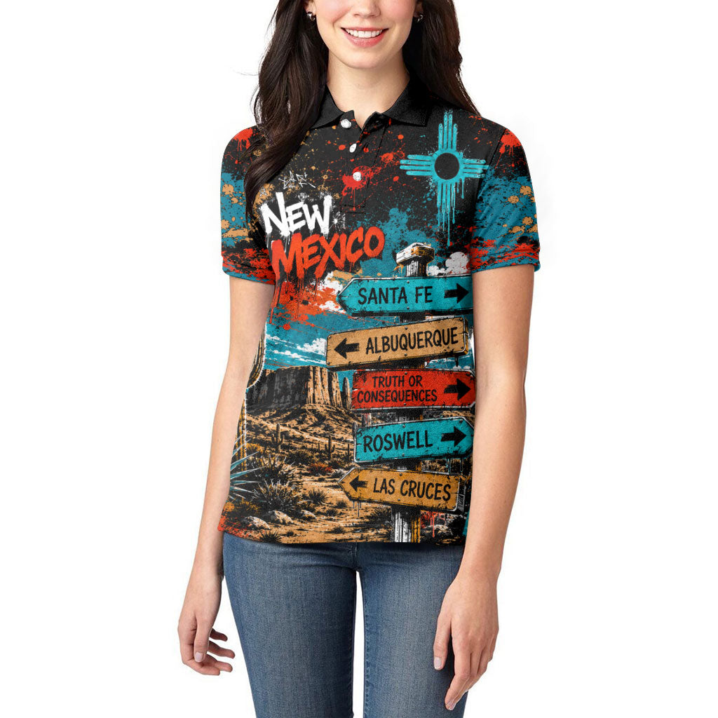 New Mexico Desert Road Sign Women Polo Shirt Zia Symbol Grunge Paint Splatter Travel Graphic