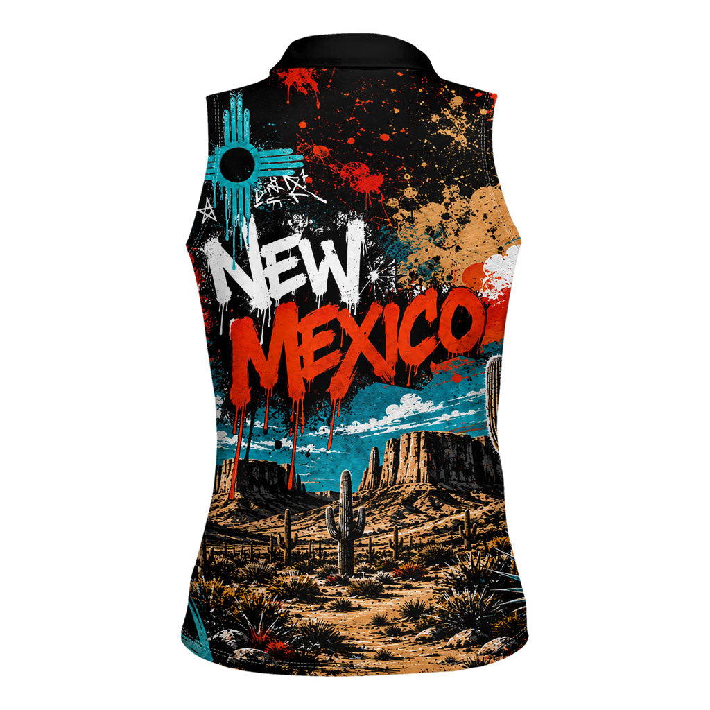 New Mexico Desert Road Sign Women Sleeveless Polo Shirt Zia Symbol Grunge Paint Splatter Travel Graphic