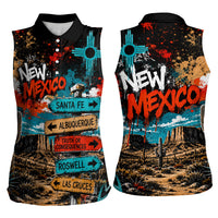 New Mexico Desert Road Sign Women Sleeveless Polo Shirt Zia Symbol Grunge Paint Splatter Travel Graphic