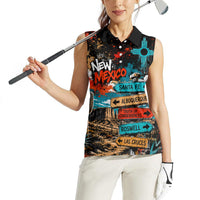 New Mexico Desert Road Sign Women Sleeveless Polo Shirt Zia Symbol Grunge Paint Splatter Travel Graphic