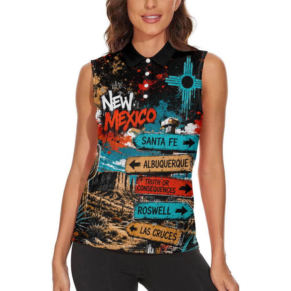 New Mexico Desert Road Sign Women Sleeveless Polo Shirt Zia Symbol Grunge Paint Splatter Travel Graphic