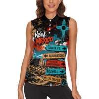 New Mexico Desert Road Sign Women Sleeveless Polo Shirt Zia Symbol Grunge Paint Splatter Travel Graphic