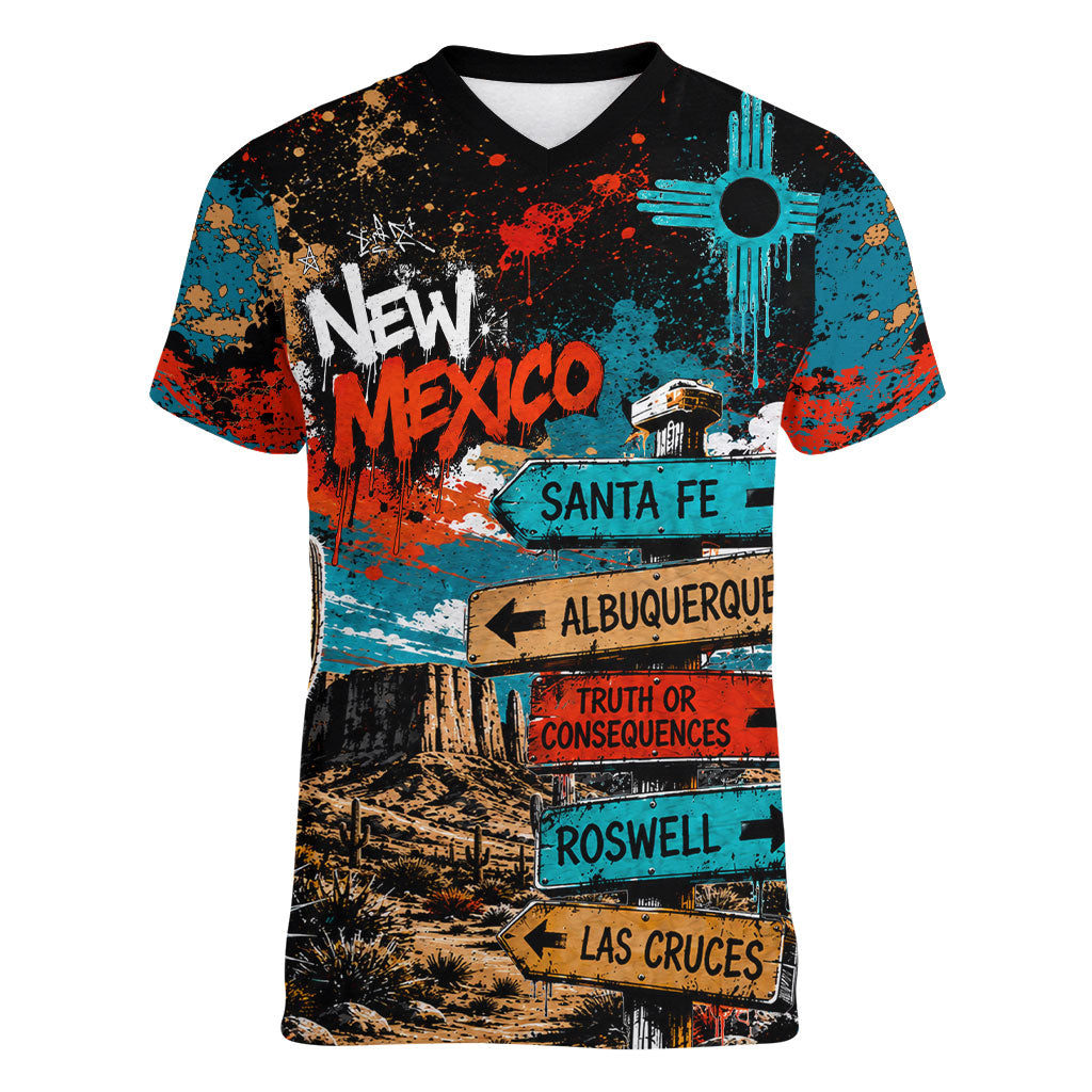 New Mexico Desert Road Sign Women V-Neck T-Shirt Zia Symbol Grunge Paint Splatter Travel Graphic