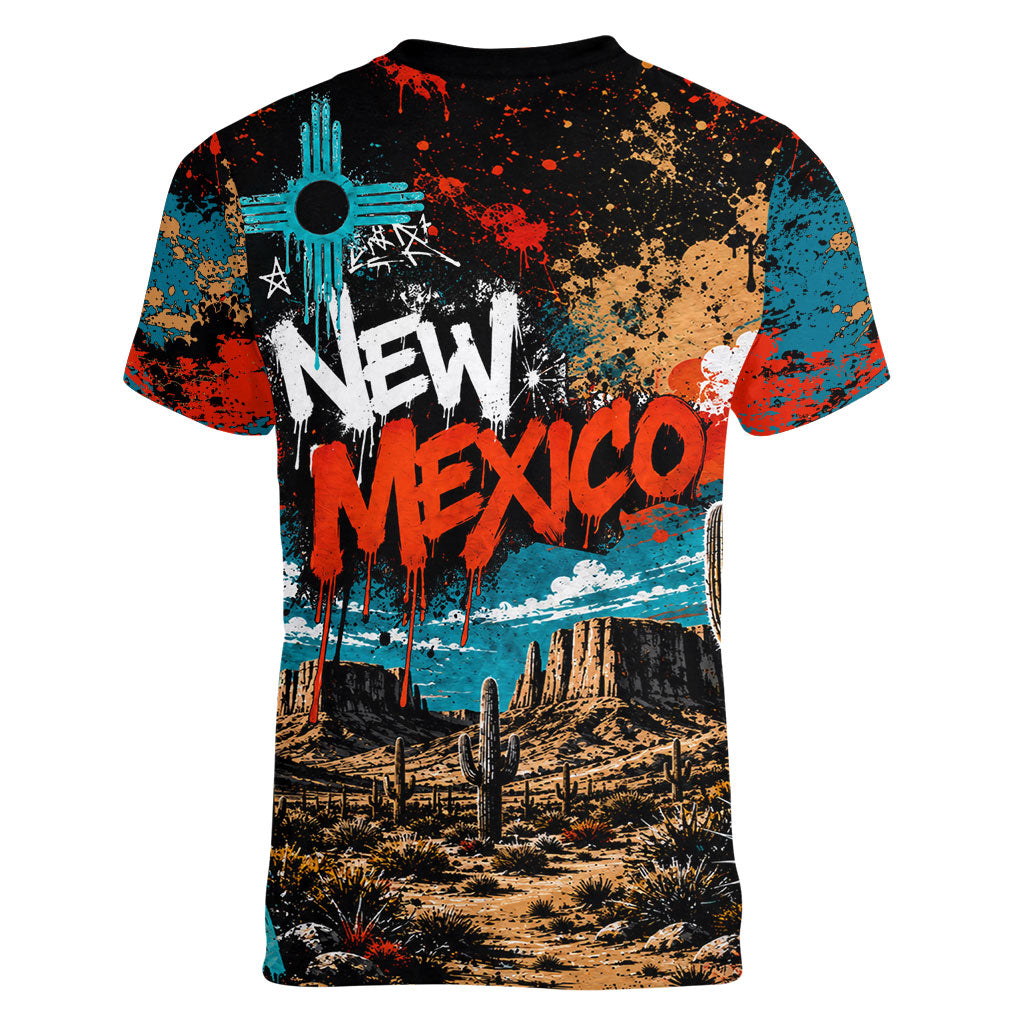 New Mexico Desert Road Sign Women V-Neck T-Shirt Zia Symbol Grunge Paint Splatter Travel Graphic