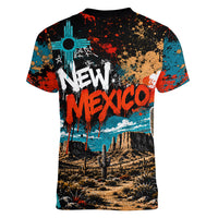 New Mexico Desert Road Sign Women V-Neck T-Shirt Zia Symbol Grunge Paint Splatter Travel Graphic