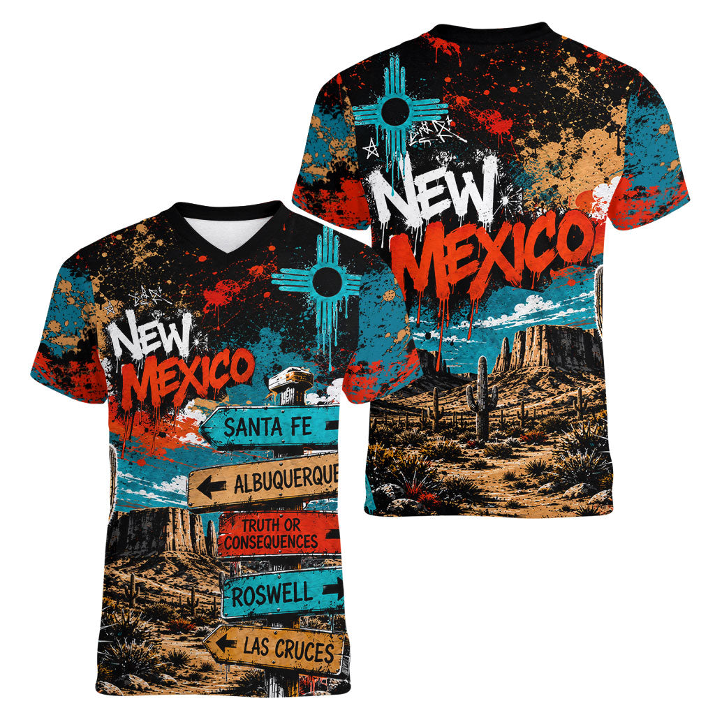 New Mexico Desert Road Sign Women V-Neck T-Shirt Zia Symbol Grunge Paint Splatter Travel Graphic