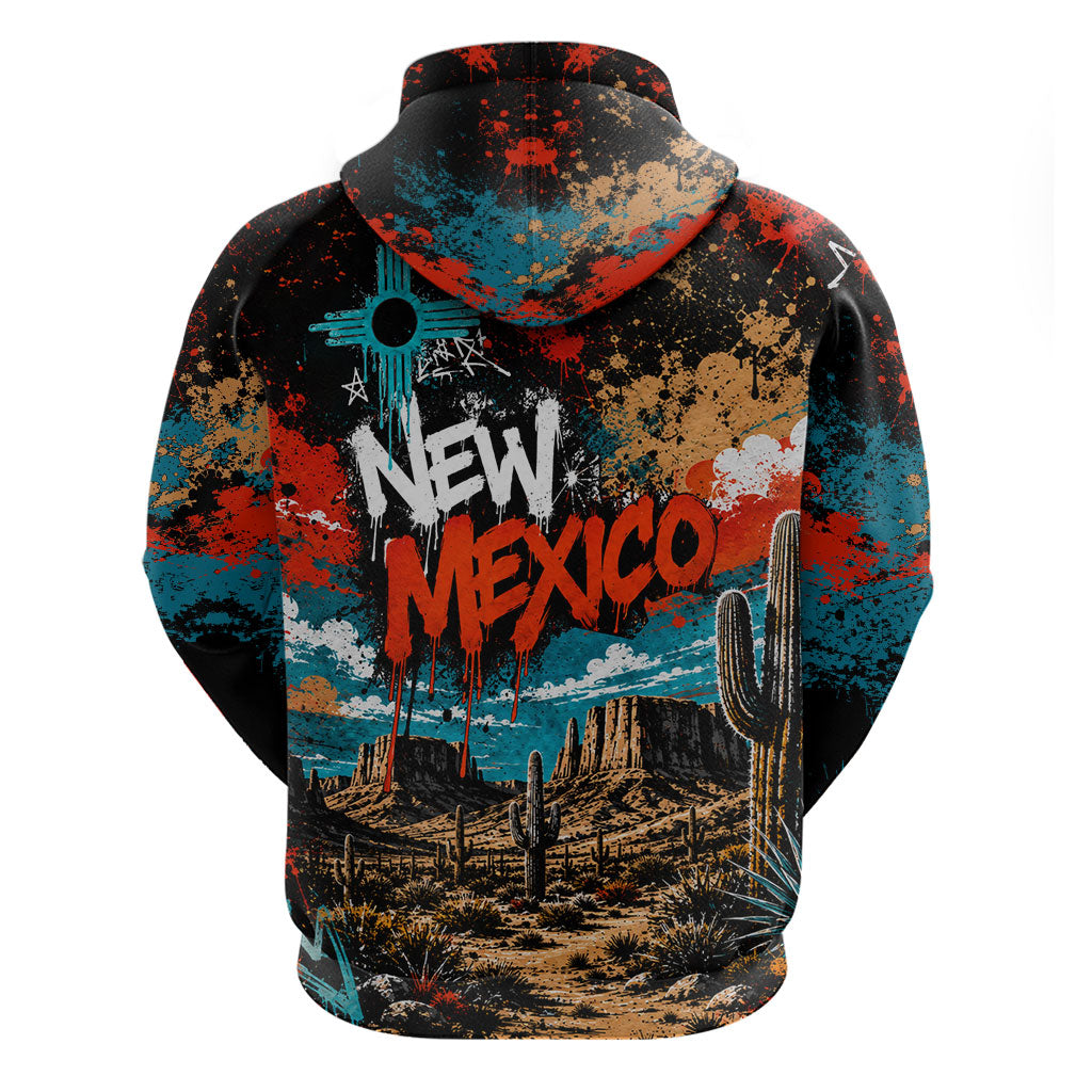 New Mexico Desert Road Sign Zip Hoodie Zia Symbol Grunge Paint Splatter Travel Graphic
