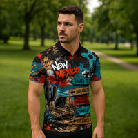 New Mexico Desert Road Sign Zipper Polo Shirt Zia Symbol Grunge Paint Splatter Travel Graphic
